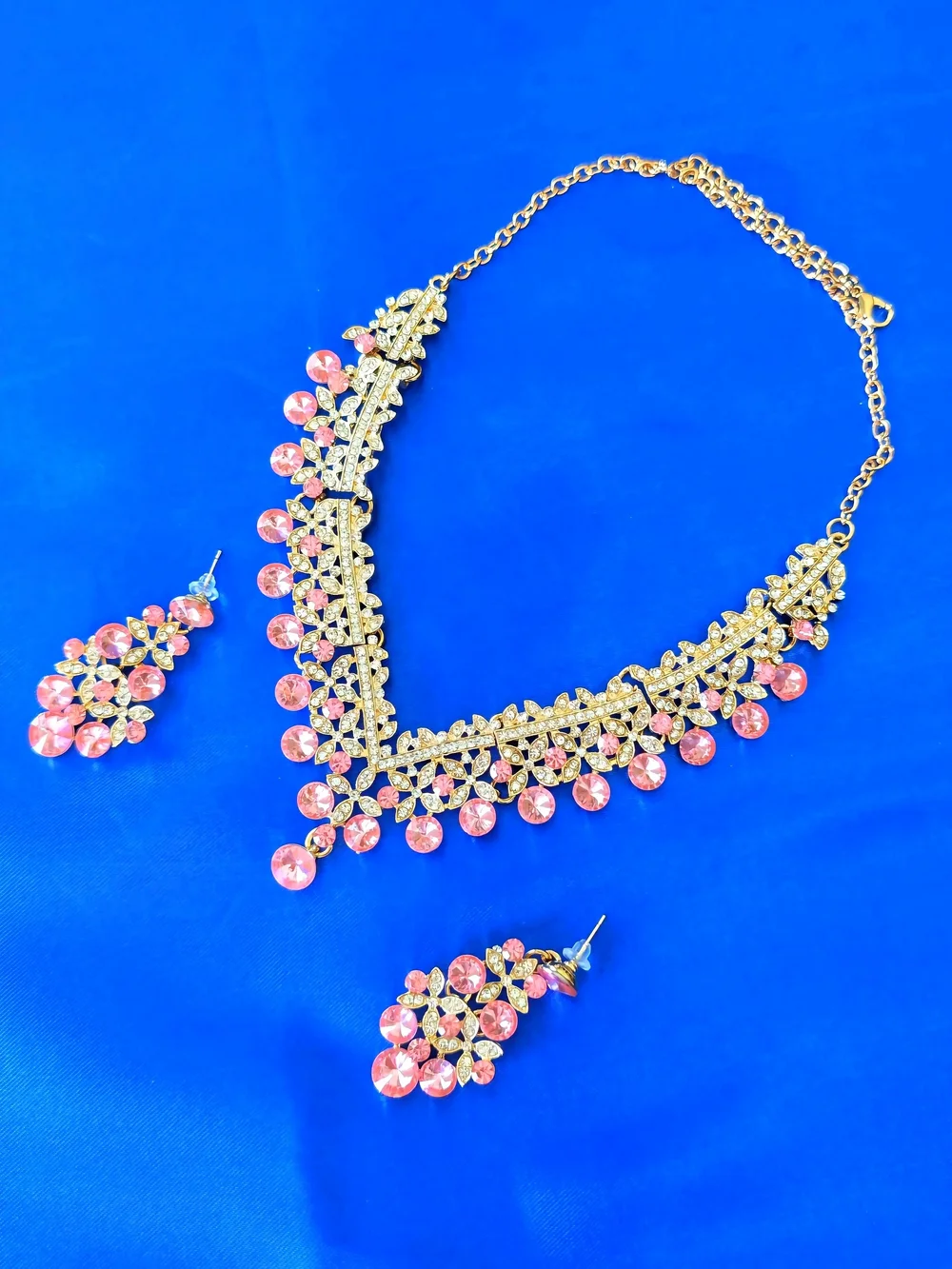Gold Plated Pink Crystal Statement Necklace & Earring Set